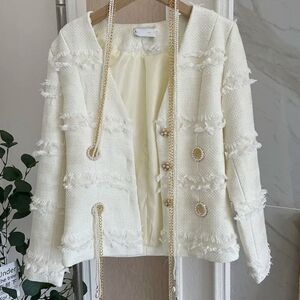 Elegant Pearl Chained Tweed Blazer Cream Fringe Bouclé Jacket